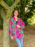 Suzani Hand Embroidered Short Jacket Classic Elegant Emerald Green Pink Paisley