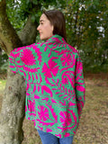 Suzani Hand Embroidered Short Jacket Classic Elegant Emerald Green Pink Paisley
