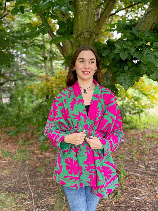 Suzani Hand Embroidered Short Jacket Classic Elegant Emerald Green Pink Paisley