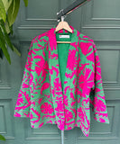 Suzani Hand Embroidered Short Jacket Classic Elegant Emerald Green Pink Paisley