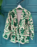 Suzani Hand Embroidered Short Jacket Classic Elegant Beige EmeraldGreen