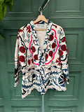 Suzani Hand Embroidered Short Jacket Classic Elegant Cream Plum Blue
