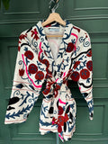 Suzani Hand Embroidered Short Jacket Classic Elegant Cream Plum Blue