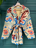 Suzani Hand Embroidered Short Jacket Classic Elegant Beige Pink Red Turquoise