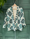 Suzani Hand Embroidered Short Jacket Classic White Teal Green Aqua Hue Geometric Mandala