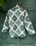Suzani Hand Embroidered Short Jacket Classic White Teal Green Aqua Hue Geometric Mandala