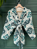 Suzani Hand Embroidered Short Jacket Classic White Teal Green Aqua Hue Geometric Mandala