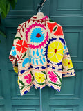 Suzani Hand Embroidered Short Jacket Beige Yellow Pink Blue Turquoise