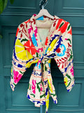 Suzani Hand Embroidered Short Jacket Beige Yellow Pink Blue Turquoise