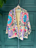 Suzani Hand Embroidered Short Jacket Classic Elegant Beige Pastel Rosy Lilac Aqua