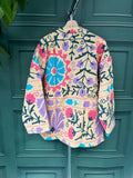 Suzani Hand Embroidered Short Jacket Classic Elegant Beige Pastel Rosy Lilac Aqua