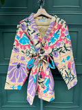 Suzani Hand Embroidered Short Jacket Classic Elegant Beige Pastel Rosy Lilac Aqua