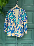 Suzani Hand Embroidered Short Jacket Classic Elegant Mint Blue Hues