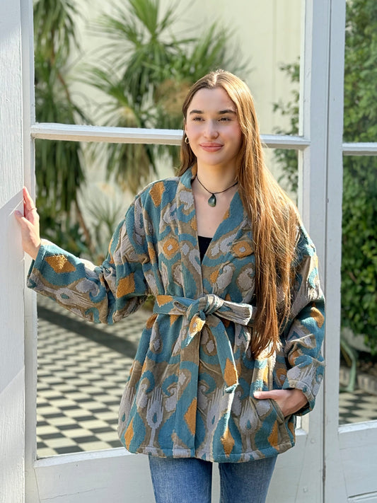 Exclusive Velvet Outdoor Jacket with Hand Embroidery. Light grey moose