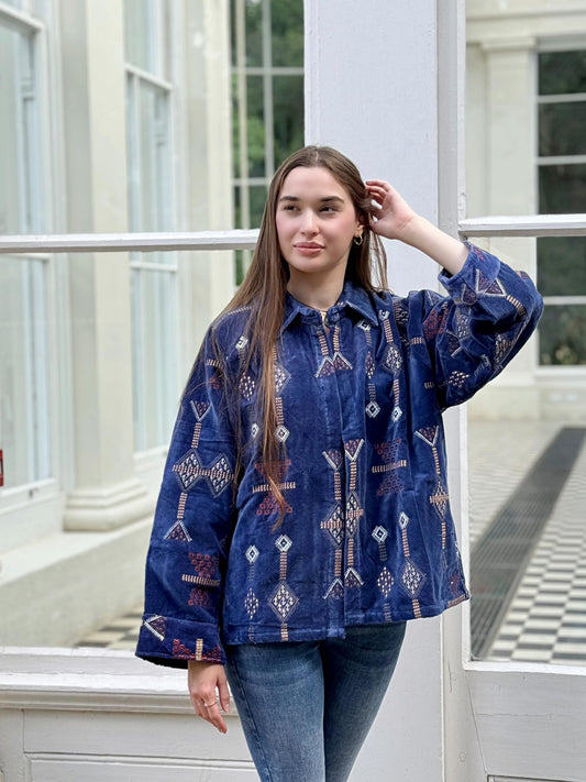 Luscious Luxurious Printed Velvet Jacket Elegant Aquamarine Blue Gold Diamond