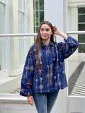 Luscious Luxurious Printed Velvet Jacket Elegant Aquamarine Blue Gold Diamond