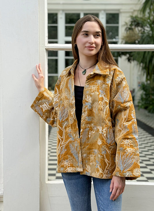 Luscious Luxurious Printed Velvet Jacket Elegant Royal Mustard Japanese Floral