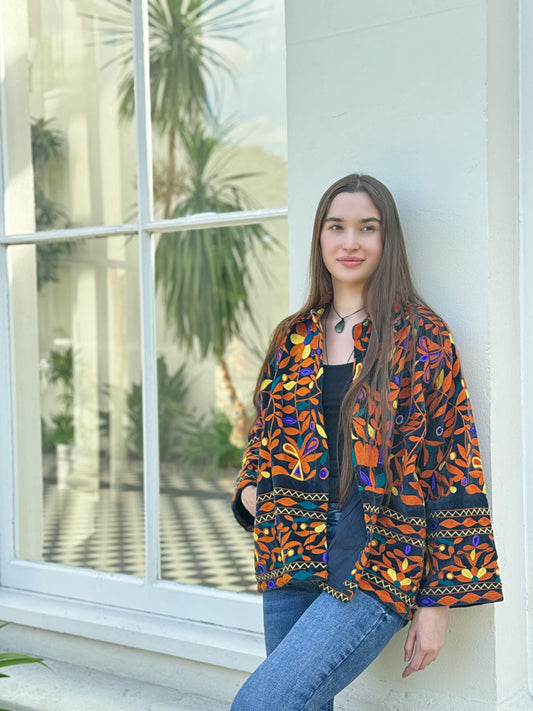 Exclusive Velvet Outdoor Jacket with Hand Embroidery. Black Orange Tribal