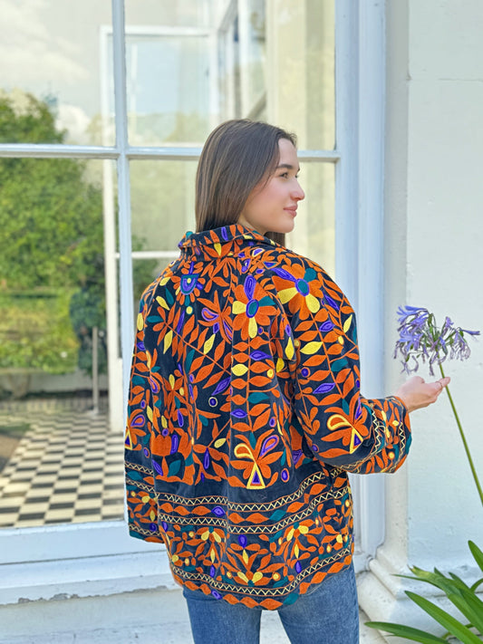 Exclusive Velvet Outdoor Jacket with Hand Embroidery. Black Orange Tribal
