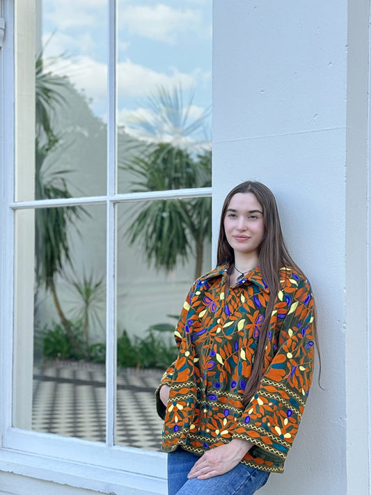 Exclusive Velvet Outdoor Jacket with Hand Embroidery. Olive Green Autumn Fire Passion Orange