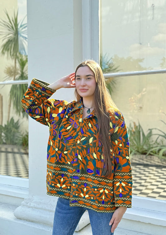 Exclusive Velvet Outdoor Jacket with Hand Embroidery. Olive Green Autumn Fire Passion Orange