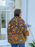 Exclusive Velvet Outdoor Jacket with Hand Embroidery. Olive Green Autumn Fire Passion Orange