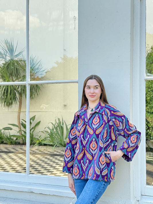Exclusive Velvet Outdoor Jacket with Hand Embroidery. Purple Peach Slate Blue Taupe