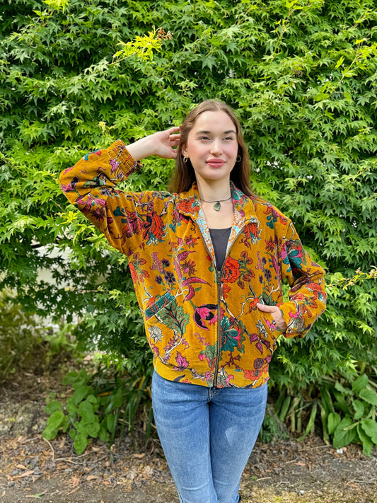 Luscious Luxurious Printed Velvet Jacket Elegant Royal Ochre Green Pink Autumn Burn