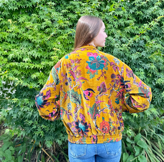 Luscious Luxurious Printed Velvet Jacket Elegant Royal Ochre Green Pink Autumn Burn