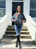 Luscious Luxurious Printed Velvet Jacket Elegant Royal Teal Blue Hue Pink Autumn Burn