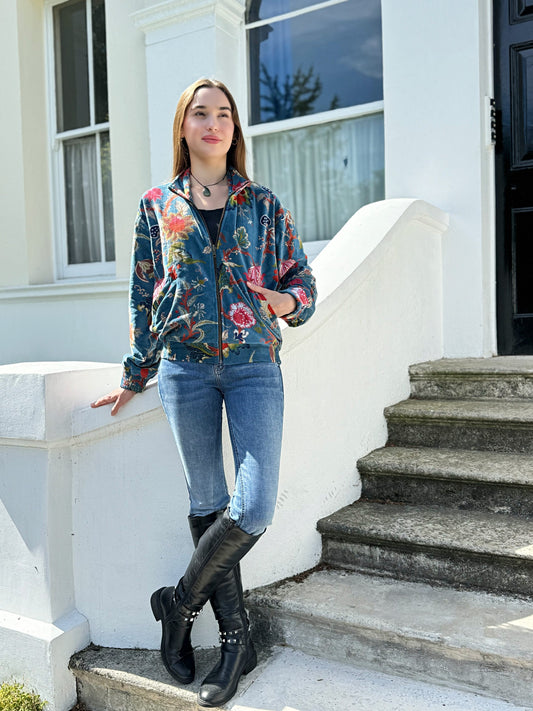 Luscious Luxurious Printed Velvet Jacket Elegant Royal Teal Blue Hue Pink Autumn Burn
