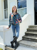 Luscious Luxurious Printed Velvet Jacket Elegant Royal Teal Blue Hue Pink Autumn Burn