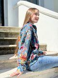 Luscious Luxurious Printed Velvet Jacket Elegant Royal Teal Blue Hue Pink Autumn Burn