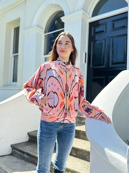 Luscious Luxurious Printed Velvet Jacket Peach Pink