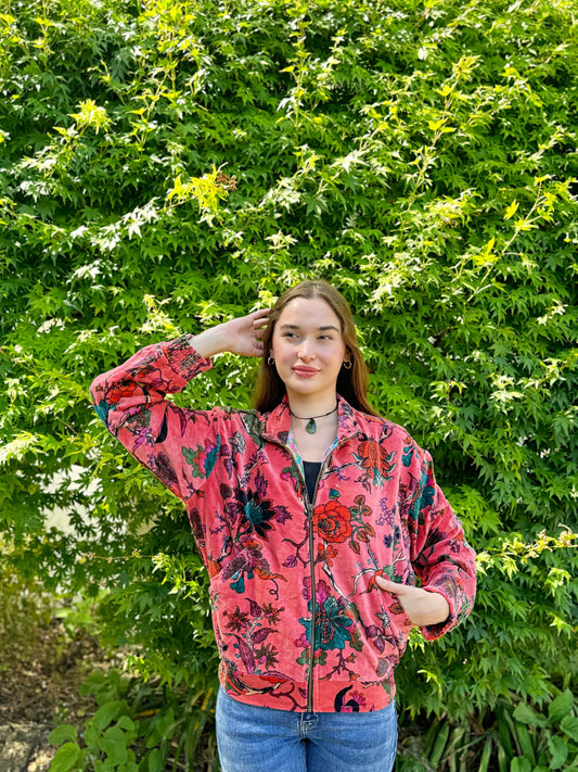 Luscious Luxurious Printed Velvet Jacket Peach Candy