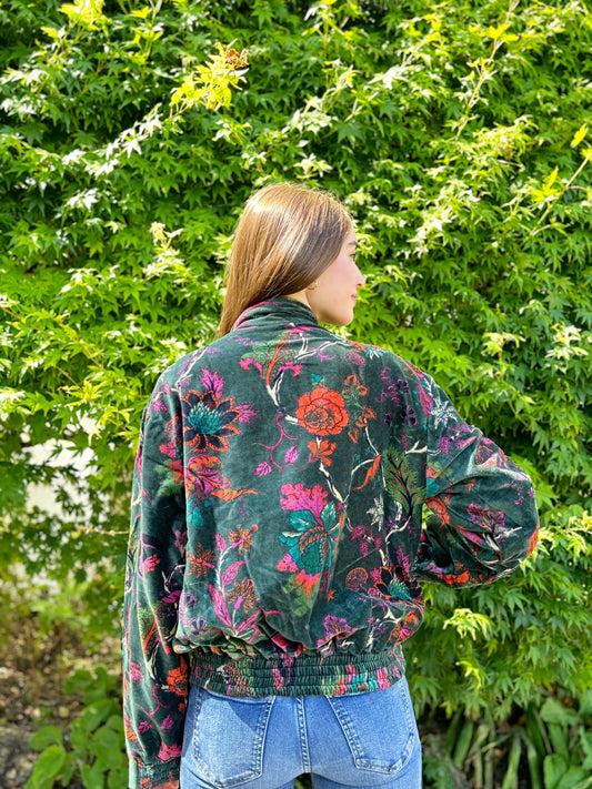 Luscious Luxurious Printed Velvet Jacket Elegant Royal Emerald Green
