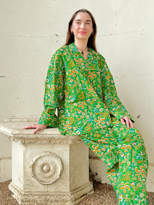 Luxury Hand Printed Indian Blockprint Pure High Quality Cotton With Bright Green Mustard