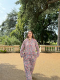 Luxury Hand Printed Indian Blockprint Pure High Quality Cotton With Grey Blue Red Desire Flower Leaves Burst Art