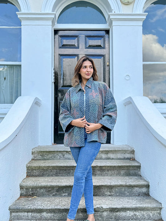 Suzani Hand Embroidered Short Jacket Kantha grey monochrome