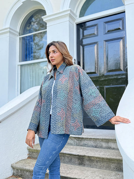 Suzani Hand Embroidered Short Jacket Kantha grey monochrome