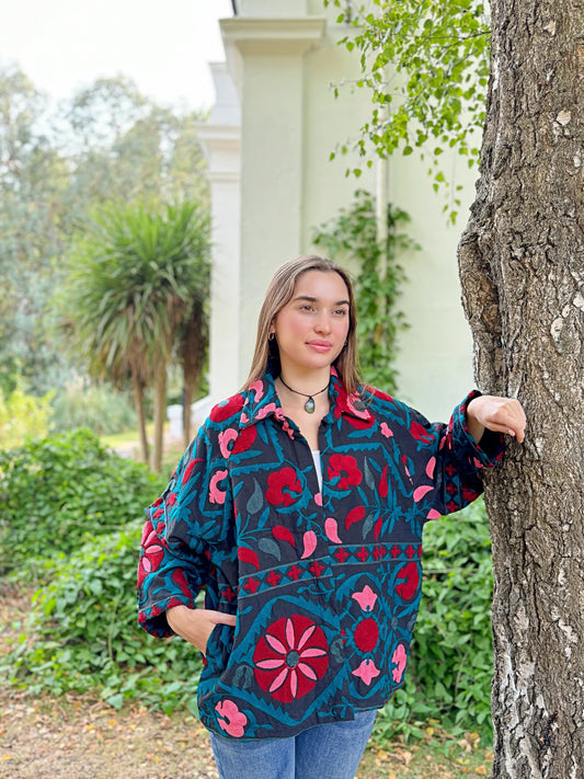 Suzani Hand Embroidered Short Jacket Navy Aqua Teal Pop Pink Red Mandala