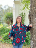 Suzani Hand Embroidered Short Jacket Navy Aqua Teal Pop Pink Red Mandala