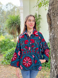Suzani Hand Embroidered Short Jacket Navy Aqua Teal Pop Pink Red Mandala