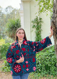 Suzani Hand Embroidered Short Jacket Navy Aqua Teal Pop Pink Red Mandala