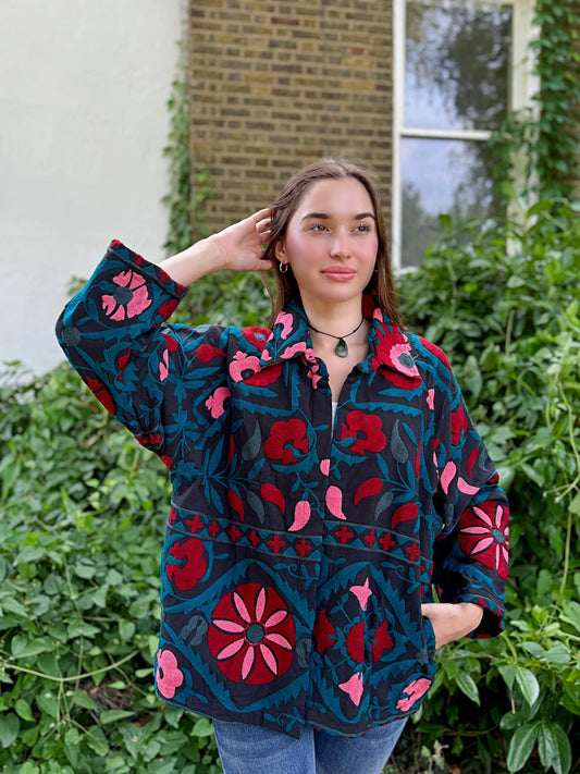 Suzani Hand Embroidered Short Jacket Navy Aqua Teal Pop Pink Red Mandala