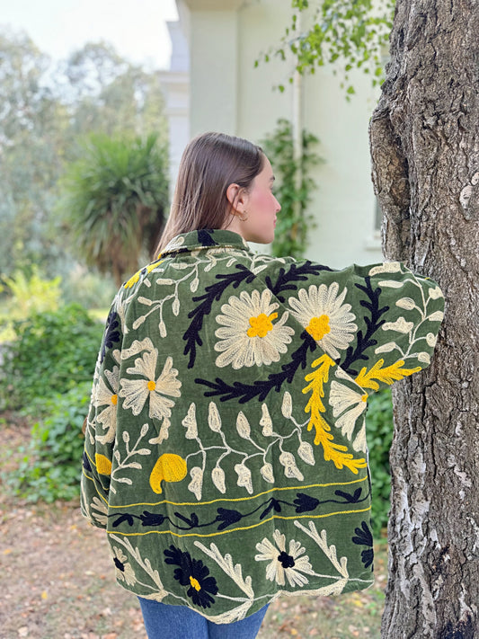 Exclusive Velvet Outdoor Jacket with Hand Embroidery. Olive Yellow