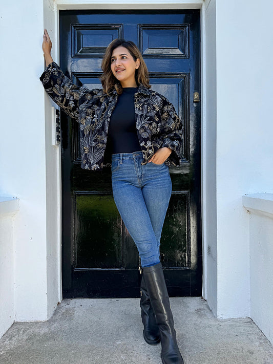 Luscious Luxurious Printed Velvet Jacket Black with silver & Golden embroidery
