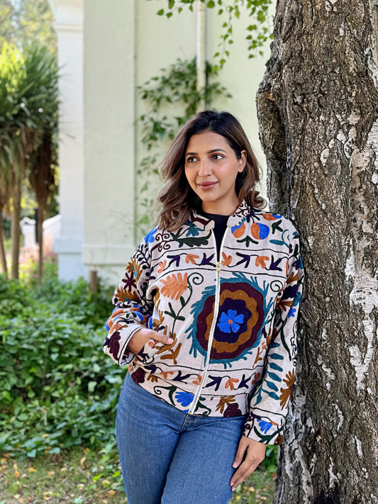 Suzani Hand Embroidered Short Bomber Jacket Ecru