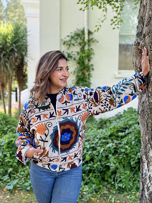 Suzani Hand Embroidered Short Bomber Jacket Ecru