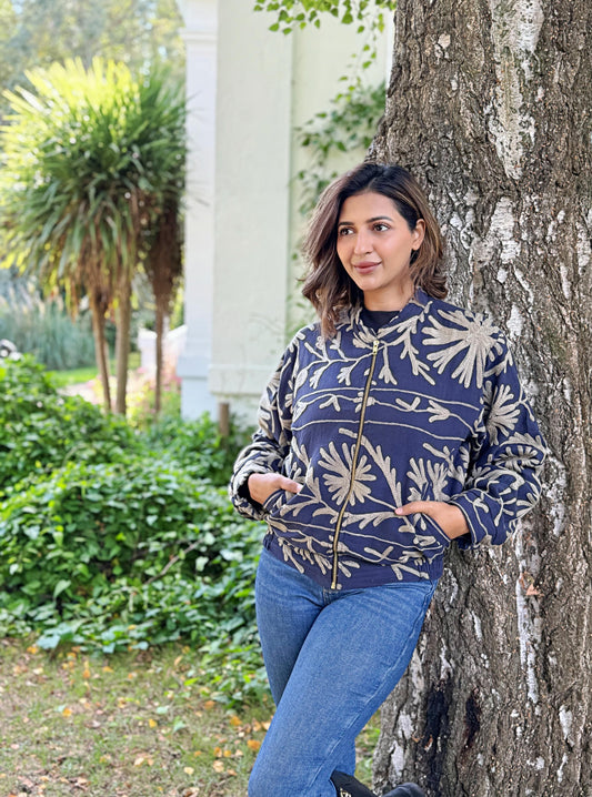 Suzani Hand Embroidered Short Bomber Jacket Navy Taupe